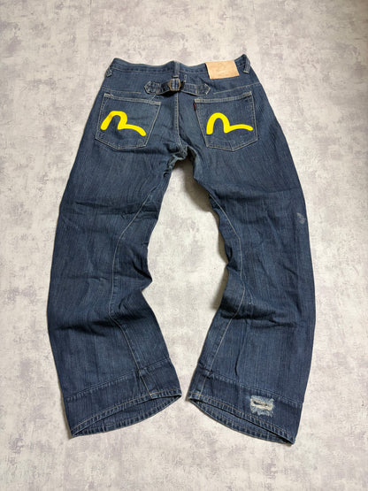 Vintage Evisu Straight Baggy Fit Yellow Seagull Print Jeans (M)