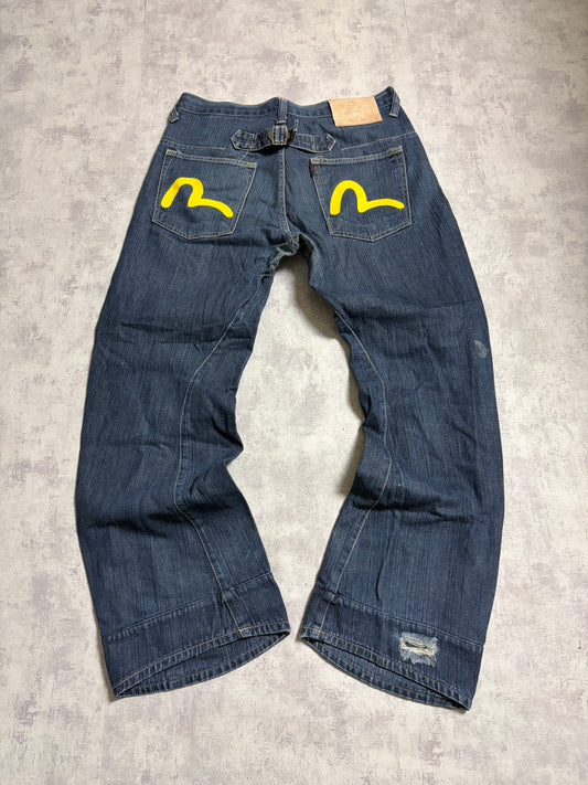 Vintage Evisu Straight Baggy Fit Yellow Seagull Print Jeans (M)