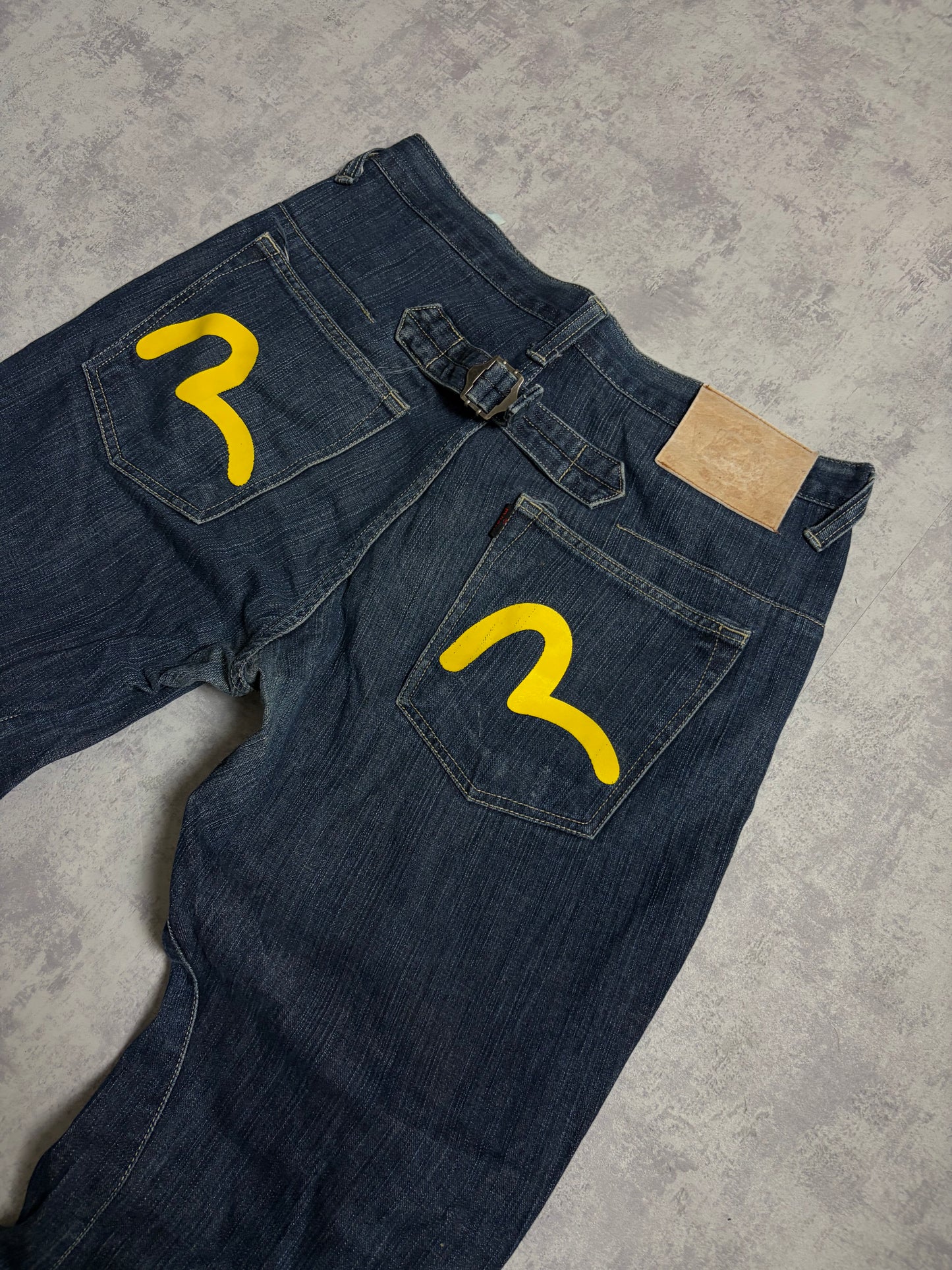 Vintage Evisu Straight Baggy Fit Yellow Seagull Print Jeans (M)