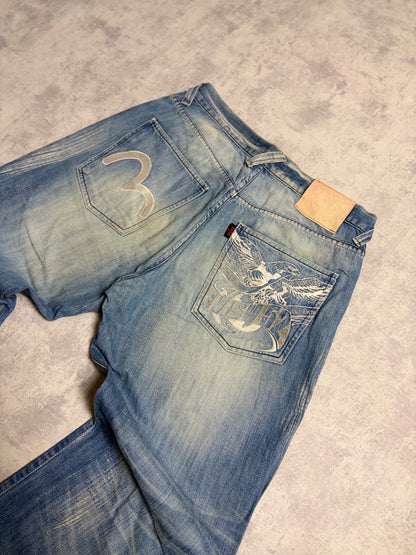 Vintage Evisu Blue Washed Straight Flared Fit Jeans with Rare Print (M)