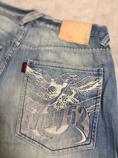 Vintage Evisu Blue Washed Straight Flared Fit Jeans with Rare Print (M)